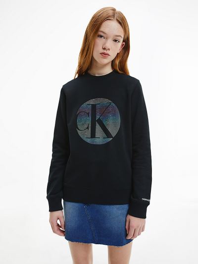 Calvin Klein Ruhák HU152542 | Calvin Klein Organic Cotton Iridescent Logo Lány Pulóver Fekete